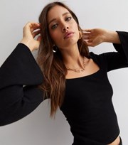 New Look Black Ribbed Jersey Square Neck Bell Sleeve Crop Top
